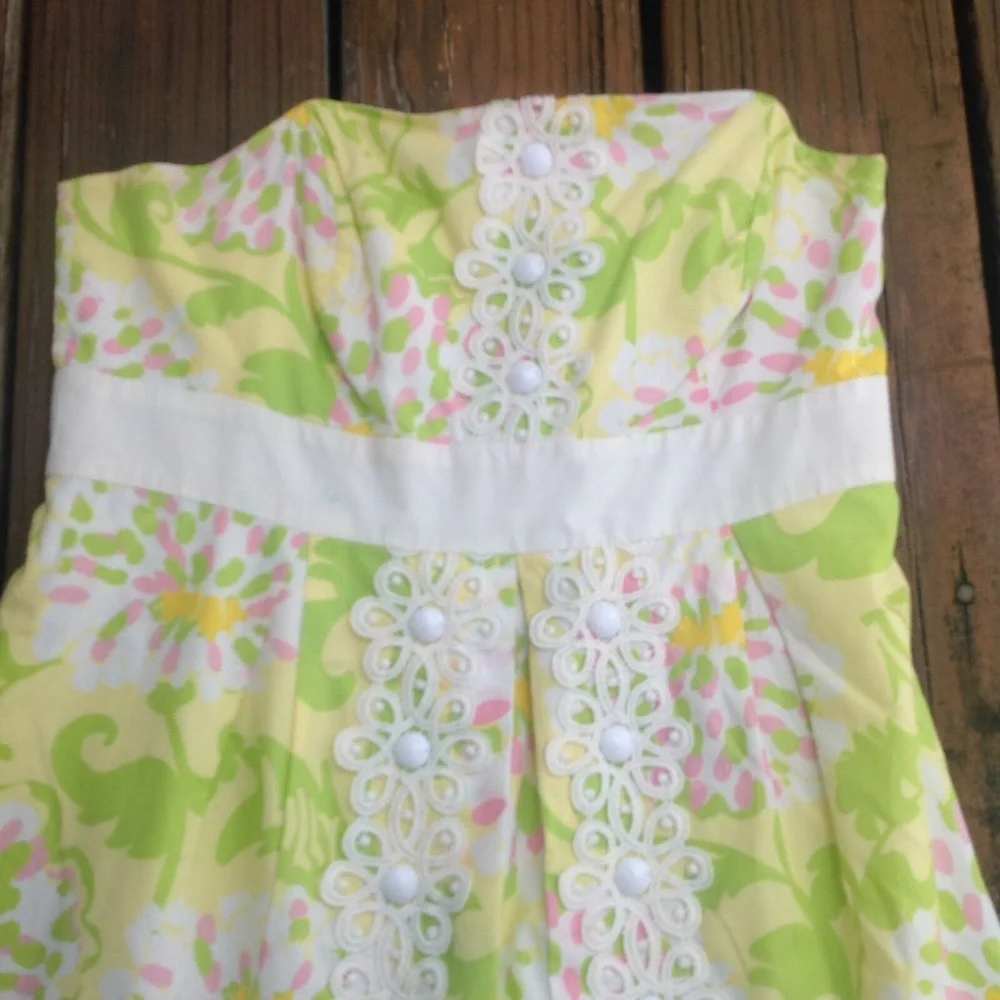 Lilly Pulitzer JUBILEE Floral In The Leaves Strapless Dress Sz 2 Beaded Crochet - Picture 2 of 5